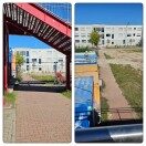 Foto: Abgesperrter Gehweg zwischen S-Bahnbrücke und nruen Häusern 