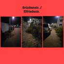 Foto: Gehweg zur Hälfte mit Grünzeug zugewachsen Brückenstr./Elfriedestr.  