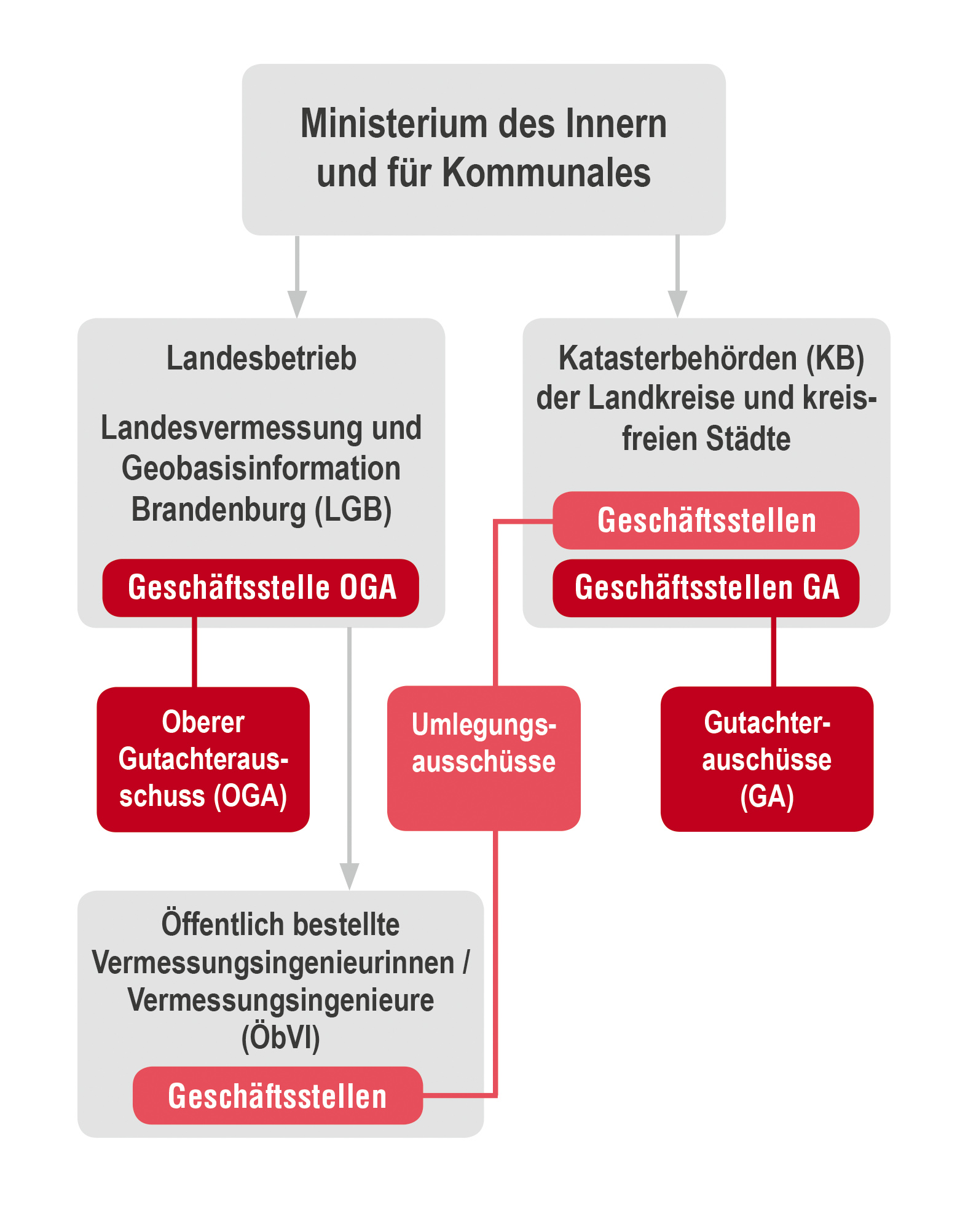 Der Organisationsstruktur des Amtlichen Vermessung- und Geoinformationswesens des Landes Brandenburg wird dargestellt. Das Ministerium des Innern und für Kommunales als Aufsichtsbehörde über den Landesbetrieb Landesvermessung und Geobasisinformation Brandenburg (LGB) und den Katasterbehörden der Landkreise und kreisfreien Städte (KB). Die LGB führt die Aufsicht über die Öffentlich bestellte Vermessungsingenieurinnen und Vermessungsingenieure (ÖbVI). In der LGB befindet sich die Geschäftsstelle des Oberen Gutachterausschusses (OGA). In den KB befindet sich die Geschäftsstelle der Gutachterausschüsse. Sowohl in den KB als auch bei den ÖbVI kann die Geschäftsstelle des Umlegungsausschusses angesiedelt sein.