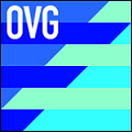 Abbildung Logo OVG mbH Quadrat mit blau grün türkis versetzten Streifen und Schriftzug der Buchstaben
