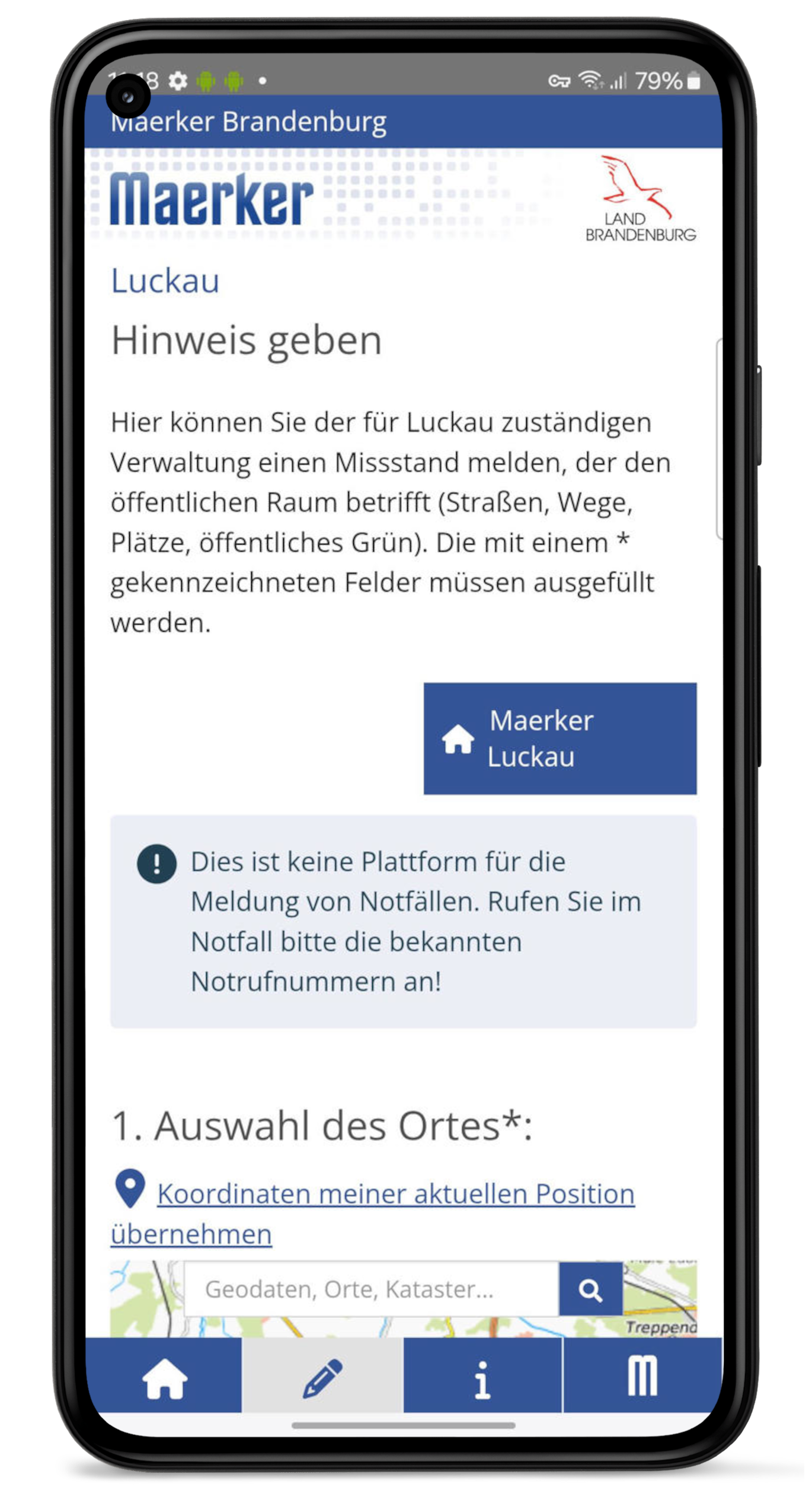 Screenshot der Seite Hinweis geben in der Maerker App