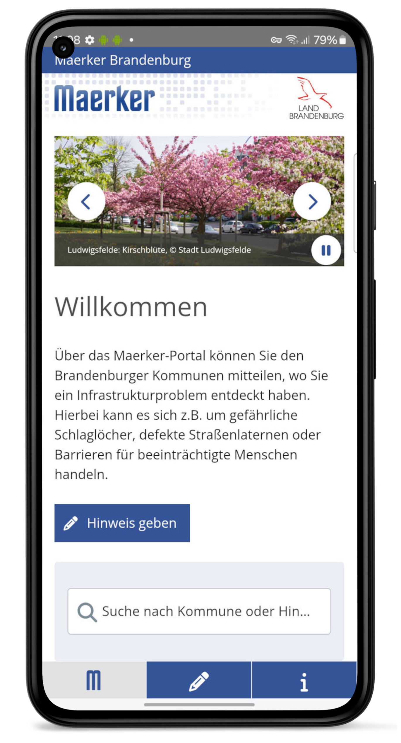 Screenshot der Startseite der Maerker App